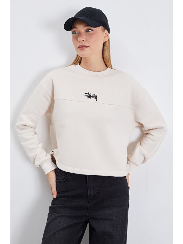Fullamoda 3 İplik İmza Nakışlı Stoperli Oversize Sweatshirt