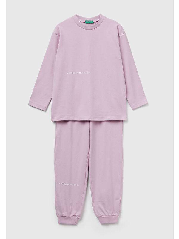 United Colors Of Benetton Erkek Çocuk Toz Pembe Logolu Düz Renk Pijama Takımı