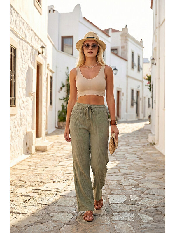 Lela Pamuklu Comfort Fit Yüksek Bel Geniş Paça Kadın Pantolon 668YP5540