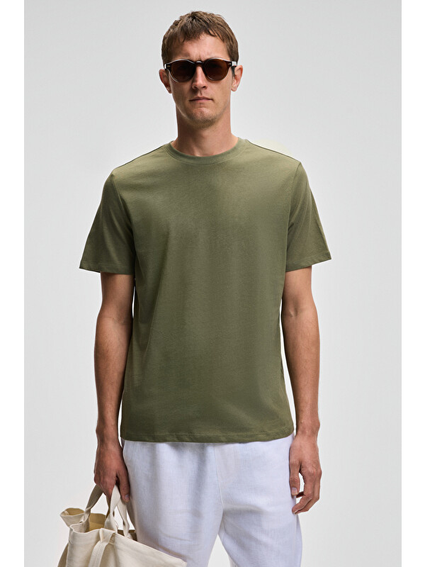 GRIMELANGE MOCASSIN Erkek %100 Pamuk Baskılı Relaxed Fit Yuvarlak Yaka Kısa Kollu HAKİ T-Shirt