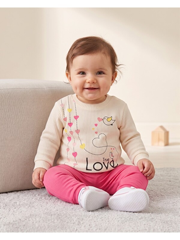 Ege Bebek Kız Bebek Fitilli Mevsimlik İnce Kalp Baskılı 3-6-9-12-18 Aylık 2'li Alt Üst Takım
