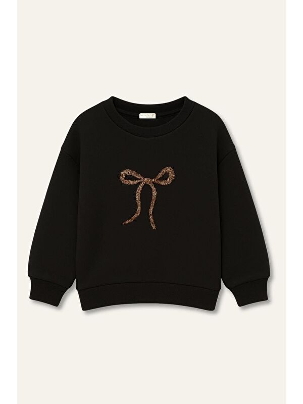 MİNİNİO Kız Çocuk Nakıs Detaylı Sweatshirt - Siyah