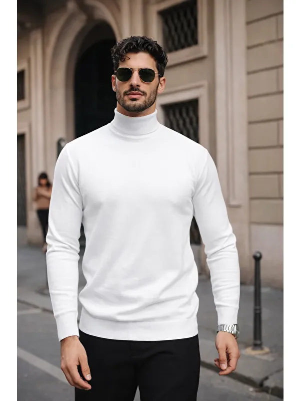 Comstar Erkek Kışlık Basic Slim Fit Uzun Beyaz Kazak