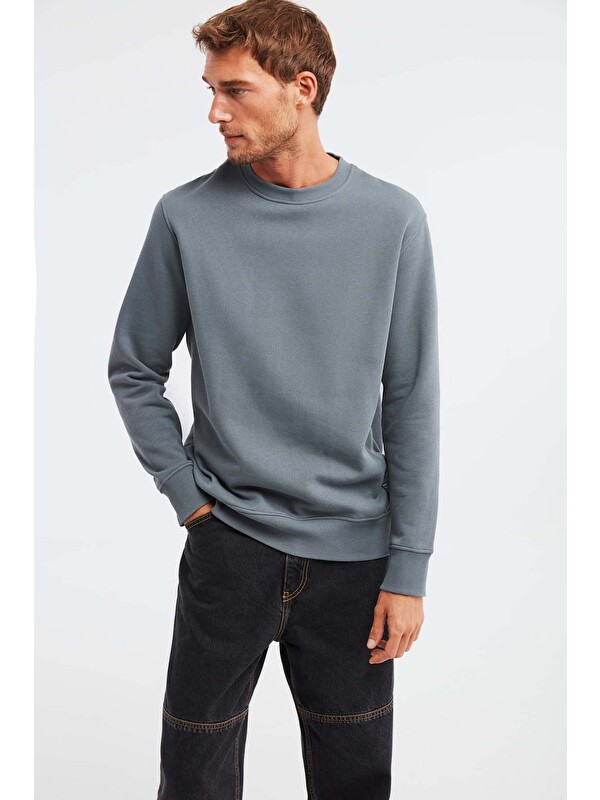 GRIMELANGE TRAVIS Erkek Organik Kumaşlı Yumuşacık Regular Fit Yuvarlak Yakalı KOYU GRİ Sweatshirt