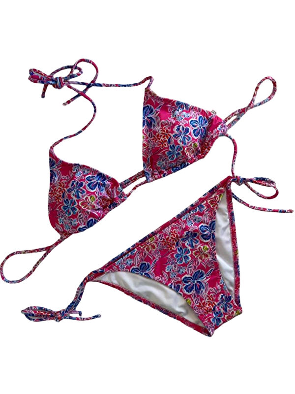 Hazelin Kadın Pembe Çiçek Desenli Boyundan İp Bağlamalı Üçgen Bikini Takımı HZL25S-LC5005