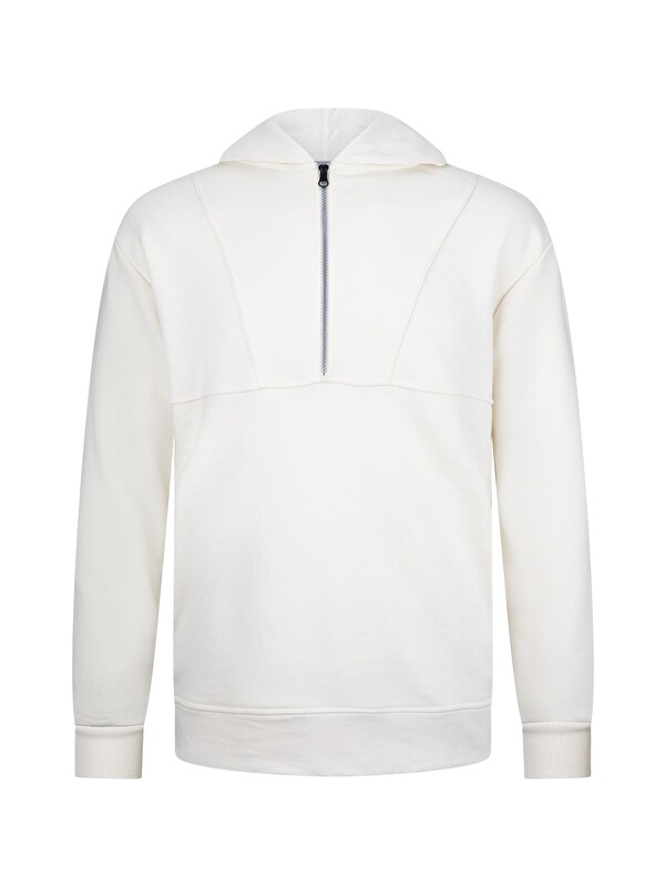 Hatemoğlu Beyaz Regular Fit Fermuarlı Kapüşonlu Sweatshirt