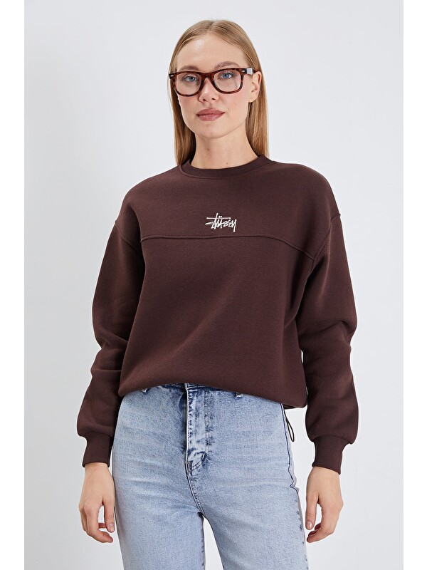 Fullamoda 3 İplik İmza Nakışlı Stoperli Oversize Sweatshirt
