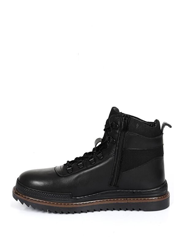 SİYAH Hakiki Deri Yuvarlak Burun Kauçuk Taban Bağcıklı Fermuarlı Günlük Erkek Bot 05803 - Görsel 7