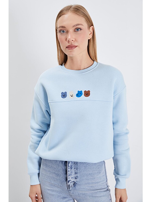Fullamoda 3 İplik Ayıcık Nakışlı Stoperli Oversize Sweatshirt