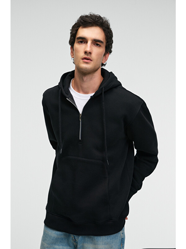 GRIMELANGE JUSTUS Erkek Kapüşonlu Kanguru Cepli Fermuar Yakalı SİYAH Sweatshirt