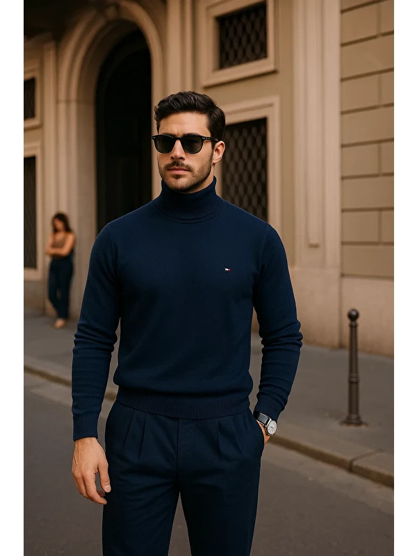 Comstar Erkek Kışlık Basic Slim Fit Uzun Lacivert Kazak