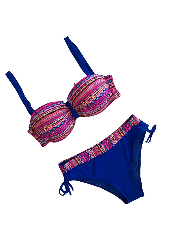 Hazelin Kadın Pembe Saks Mavi Etnik Desenli Astarlı Bikini Takımı HZL25S-LC22626