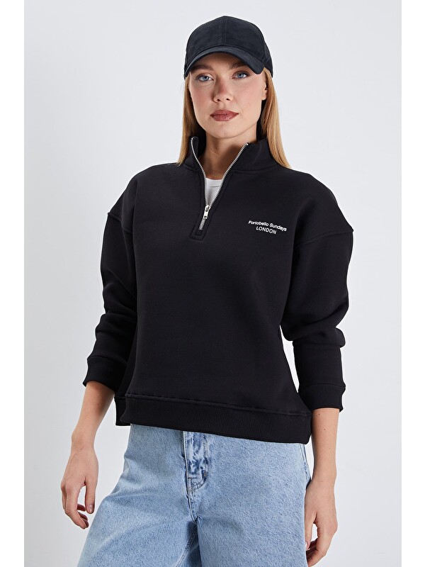 Fullamoda 3 İplik London Baskılı Yarım Fermuarlı Sweatshirt
