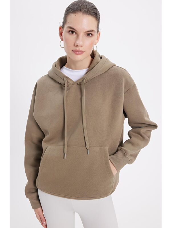 TUDORS Kadın Oversize Geniş Kesim Pamuklu Yumuşak Dokulu İçi Polarlı Basic Yeşil Kapüşonlu Sweatshirt