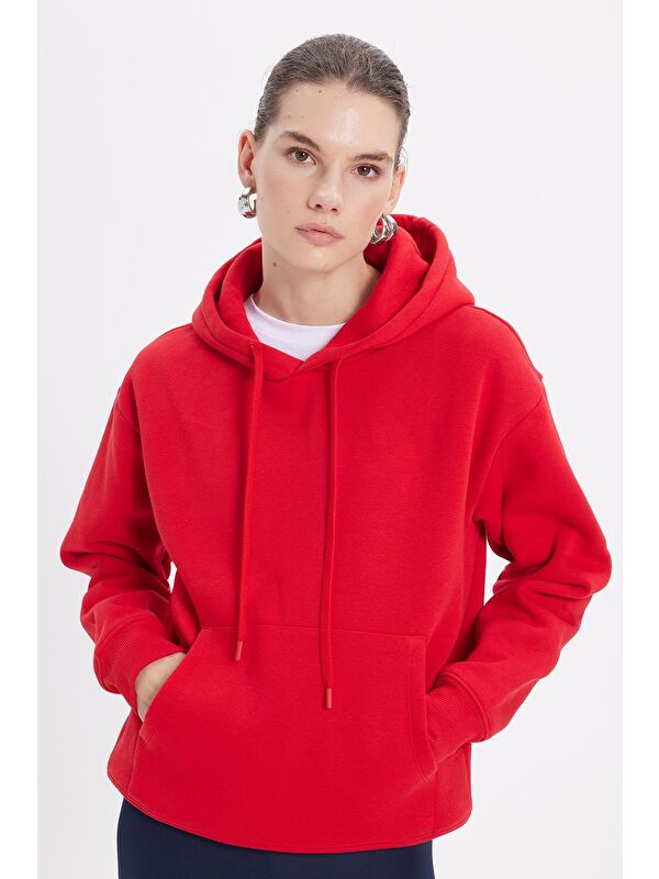 TUDORS Kadın Oversize Geniş Kesim Pamuklu Yumuşak Dokulu İçi Polarlı Basic Kırmızı Kapüşonlu Sweatshirt