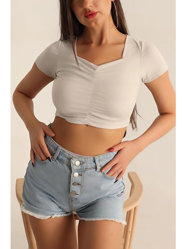 Hazelin Kadın Taş Kare Yaka Ön Büzgülü Crop Bluz HZL23S-SND120151