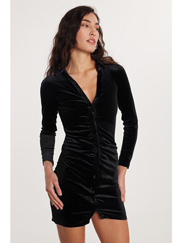 TUDORS Kadın Slim Fit Dar Kesim Kısa Kol Siyah Mini Boy Elbise
