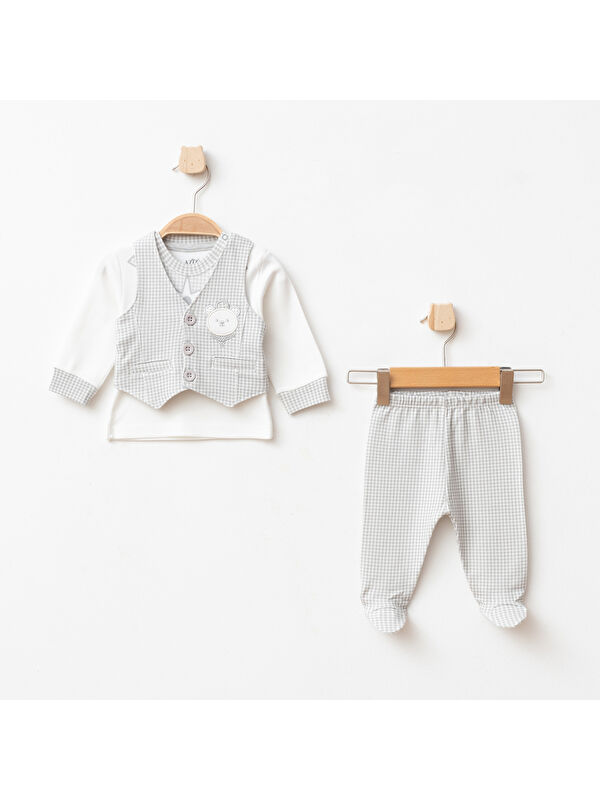 AZİZ BEBE Erkek Bebek Ayı Nakışlı Sweatshirt Yelek Pantolon 3 'lü Alt Üst Bebek Takımı 0 Ay - 6 Ay