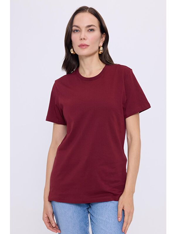 TUDORS Kadın Slim Fit Dar Kesim Pamuklu Yumuşak Doku Elastanlı Esnek Kumaş Basic Bordo Bisiklet Yaka Tişört