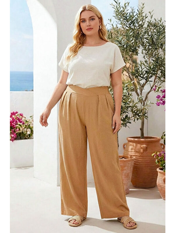 Stil Diva Büyük Beden Pileli Cepli Geniş Paça Esnek Kumaşlı Pantolon 875-V
