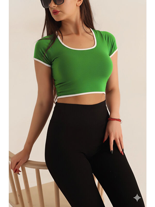 Hazelin Kadın Yeşil Beyaz Biyeli Kısa Kol Elastanlı SendyCrop Bluz HZL24S-SND190901