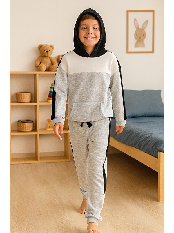 For You Kids 3 İplik Şardonsuz Kapüşonlu Alt Üst Erkek Çocuk Takım|Gri Melanj