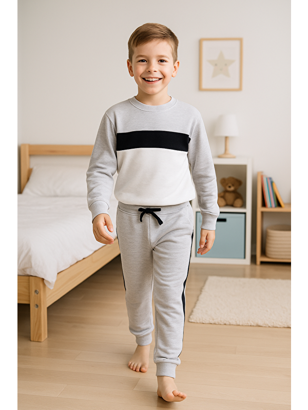 For You Kids 3 İplik Şardonsuz Bisiklet Yaka Erkek Çocuk Alt Üst Takım|Gri Melanj