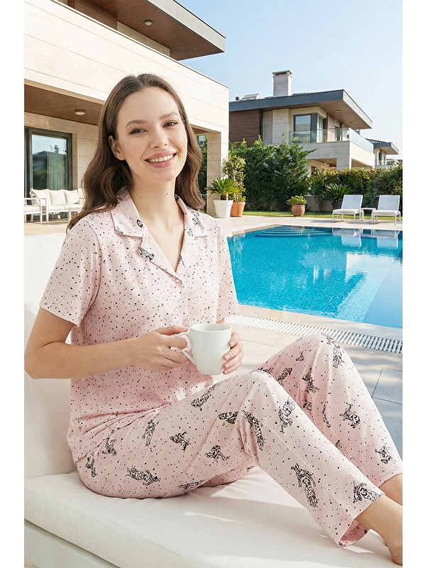 Remsa Kadın Kısa Kol Suprem Kumaş Pijama Takımı 70110-2096 Pembe