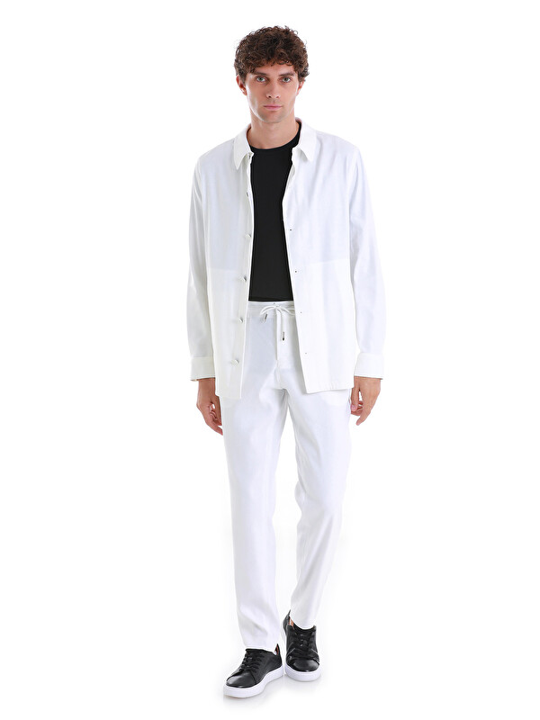 Hatemoğlu Beyaz Barron Regular Fit Düz Mono Yaka Keten Overshirt Spor Takım