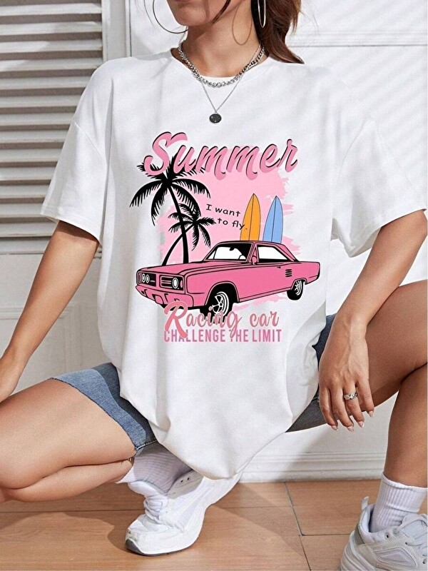 Trendseninle Beyaz SummerRacing Baskı %100 Organik Pamuk Relaxed Fit Yuvarlak Yaka Tişört