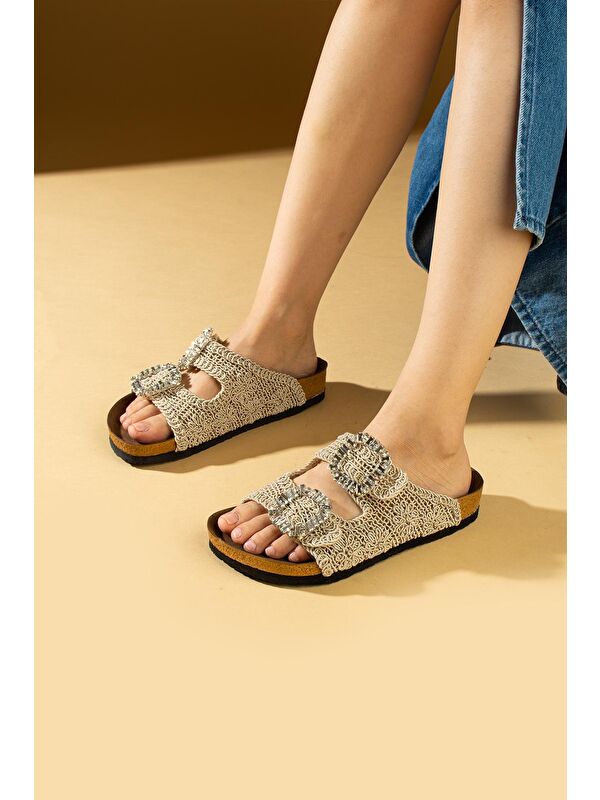 Çift Toka Taş Detaylı Dantel Kumaş Comfort Kadın Terlik - Görsel 4