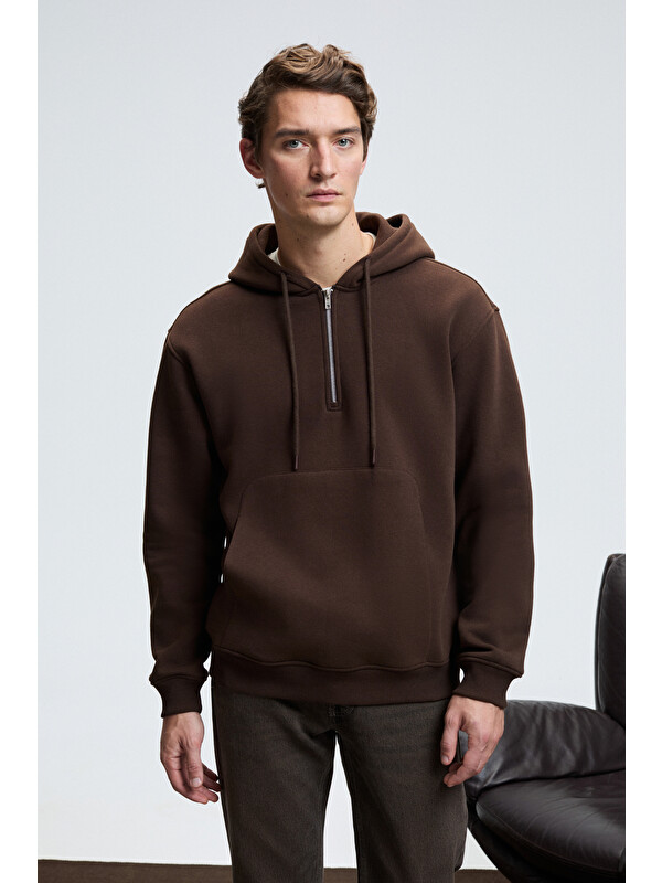 GRIMELANGE JUSTUS Erkek Kapüşonlu Kanguru Cepli Fermuar Yakalı KAHVERENGİ Sweatshirt