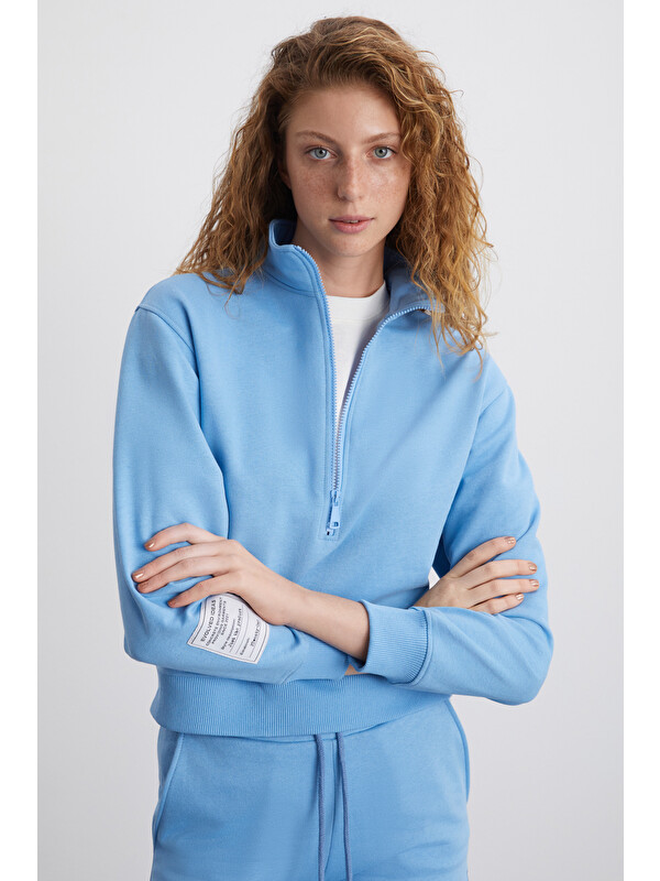 ETHIQUET SAILENIS Kadın Yumuşacık İçi Şardonlu Organik Pamuk Yarım Fermuarlı Regular MAVİ Sweatshirt
