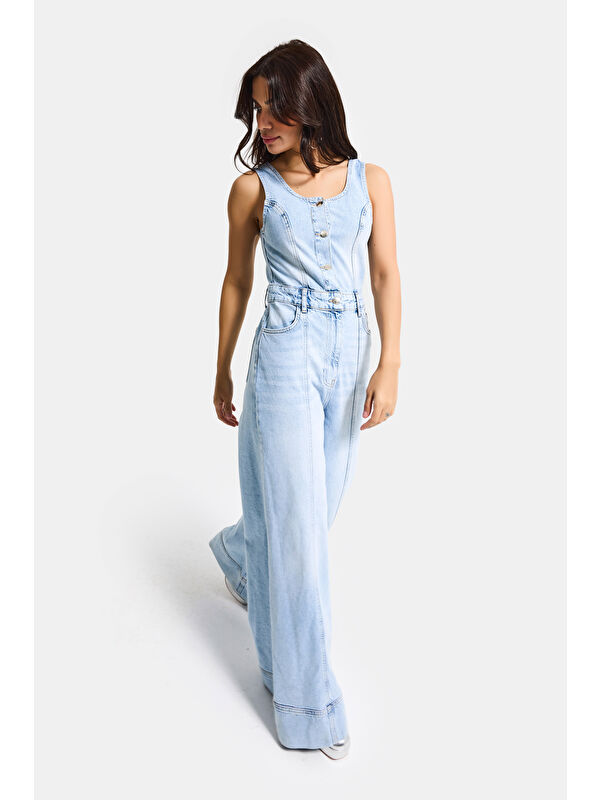 It's Basic Kadın Ice 4s6-3 Palazzo Fit %100 Pamuk Denim Salopet Tulum