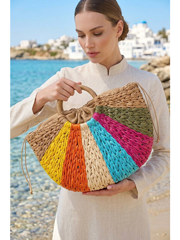 Marina Renk Bloklu Camel Sepet Hasır Çanta CNT2609