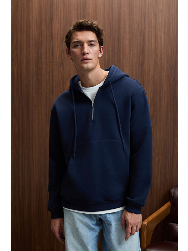 GRIMELANGE JUSTUS Erkek Kapüşonlu Kanguru Cepli Fermuar Yakalı LACİVERT Sweatshirt