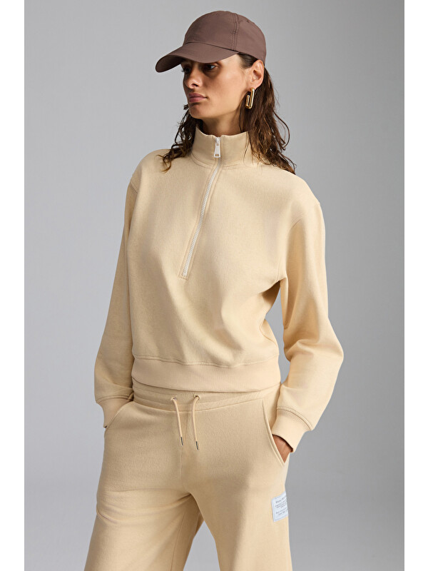 ETHIQUET SAILENIS Kadın Yumuşacık İçi Şardonlu Organik Pamuk Yarım Fermuarlı Regular KREM Sweatshirt