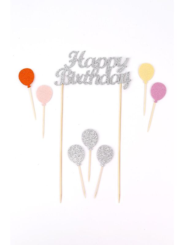 Le Mabelle Gümüş Happy Birthday Balon Pasta Süsü