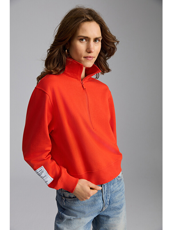 ETHIQUET SAILENIS Kadın Yumuşacık İçi Şardonlu Organik Pamuk Yarım Fermuarlı Regular KIRMIZI Sweatshirt