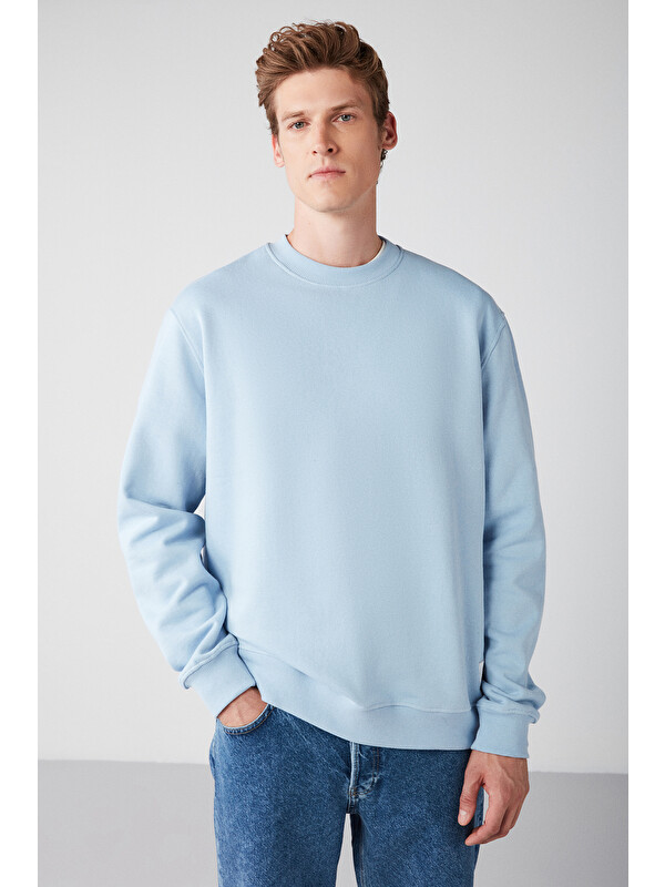 GRIMELANGE Erkek Organik Kumaşlı Yumuşacık Regular Fit Yuvarlak Yakalı MAVİ Sweatshirt