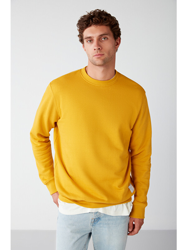 GRIMELANGE TRAVIS Erkek Organik Kumaşlı Yumuşacık Regular Fit Yuvarlak Yakalı SAFRAN Sweatshirt
