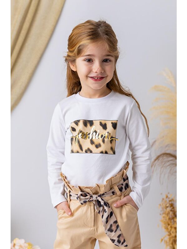 ZEYLAND Kız Çocuk Leopar Baskılı Uzun Kollu T-Shirt - Beyaz
