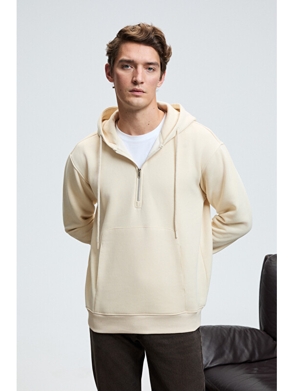 GRIMELANGE JUSTUS Erkek Kapüşonlu Kanguru Cepli Fermuar Yakalı KREM Sweatshirt