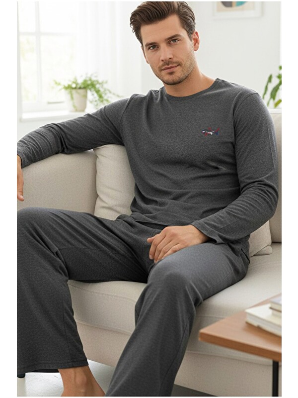 Siyah İnci Uzun Kollu Örme Erkek Pijama Takım 7795