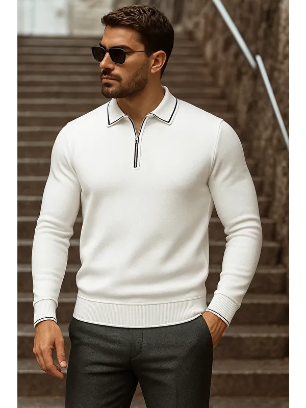 Comstar Erkek Trend Fermuarlı Uzun Kollu Beyaz Polo Yaka Kazak