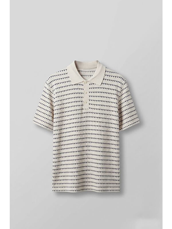 Abluka Online Erkek Relaxed Fit Ajurlu Örme Polo Yaka T-Shirt Ekru