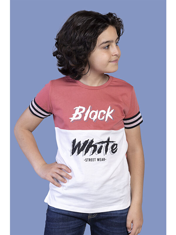 Toontoykids Erkek Çocuk Kolları Şerit Detaylı İki Renkli Baskılı Tişört