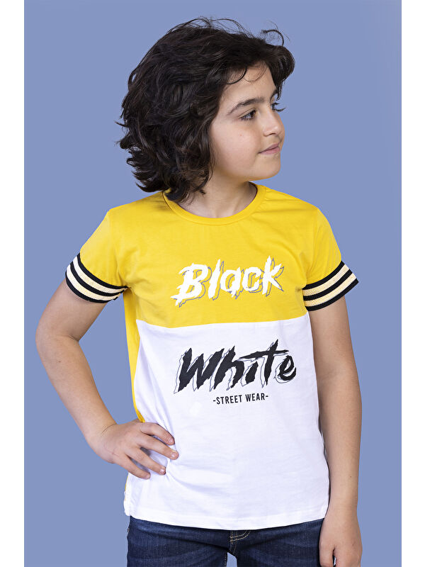 Toontoykids Erkek Çocuk Kolları Şerit Detaylı İki Renkli Baskılı Tişört