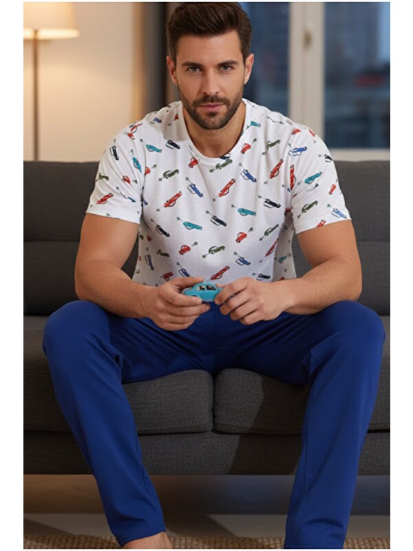 Siyah İnci Bisiklet Yaka Baskılı Örme Pijama Takım 25109843