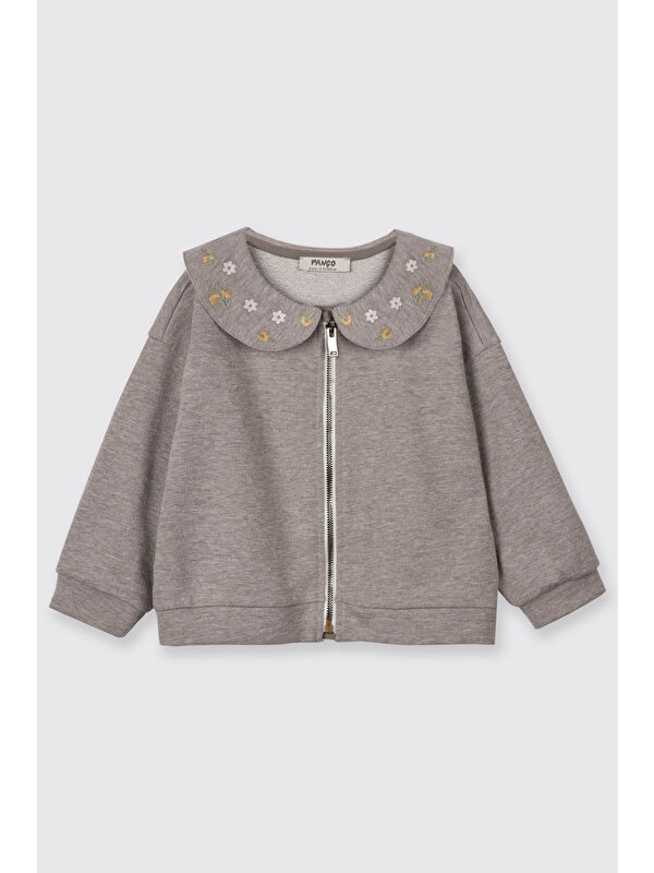 Panço Kız Bebek Yakası Nakış Detaylı Fermuarlı Kahve Sweatshirt